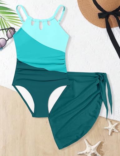 Image of KANGKANG Girls Swimsuit Quick Dry Cut Out One Piece Swimsuits with Tropical Print Cover Up Skirt Bathing Suit Swimwear 7-18Y