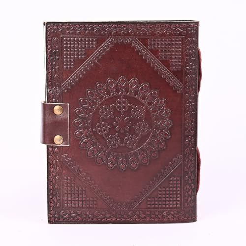 Image of Hancrafty Leather Diary, Handmade Green Stone Embossed Plain White Paper Journal with Lock Clasp for Men and Women Travel Notebook for Writing (Brown)