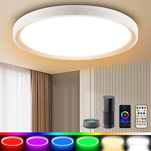 MROOYI 24W Plafoniera LED Soffitto Compatibile con Alexa e Google Home, Ø30cm Smart Lampada Wifi RGB Dimmerabile con App e Telecomando per Camera da Letto, Bagno, Cucina, Bambini Cameretta, Soggiorno