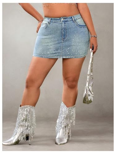 MakeMeChic Women's Plus Size Bodycon Denim Mini Skirt Rhinestone High Waisted Summer Y2K Jean Skirts4
