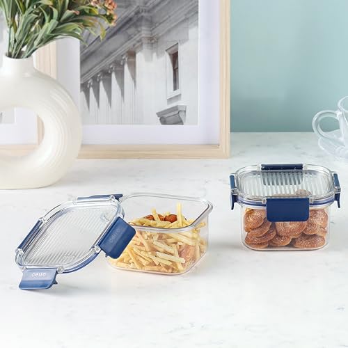 Image of CELLO Stacklock Square Pet Storage Jar for Kitchen Set of 2 Pieces, 450 ml Blue | Freezer & Fridge Safe, Airtight Stackable Pet Kitchen Storage Box Jar Container Set for Beans, Whole Grains, Spices