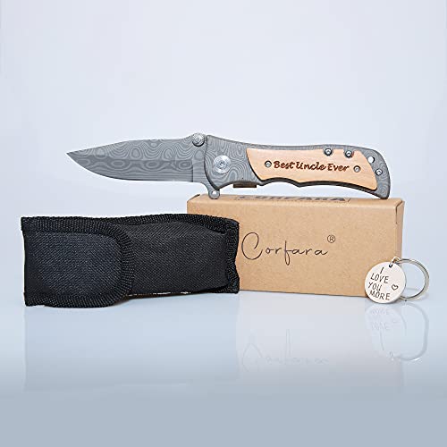 Image of Corfara Engraved Tactical Survival Folding Pocket Knife with Wood Handle - Best Uncle Ever - Uncle Gifts for Birthday, Fathers Day, Christmas from Niece, Nephew