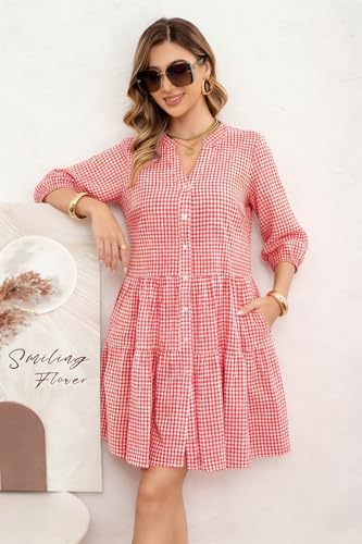 Image of utcoco Women's 2026 Spring Summer Plaid Shirt Dress 3 /4 Puff Sleeve Button Down Loose Casual Midi Dress with Pockets
