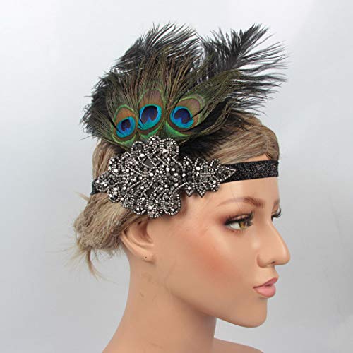 Zoestar Diadema de plumas de pavo real, color negro, vintage, con cristales...