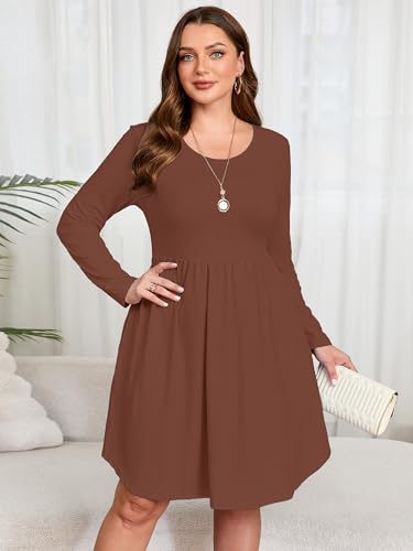 Image of AusLook Women's Plus Size Long Sleeve Midi Dress Casual Empire Waist Loose Flowy Dresses A-Line Boho Long Dress with Pockets