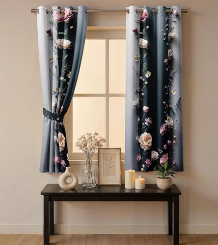 Image of Ultimate Trends Room Darkening Digital Printed 3D Prints Curtain 65-70% Opacity,Diamond Eyelets, Tie Back, Floral Decorated, 7 FEET Pack of 2,Charcoal Gray Ivory