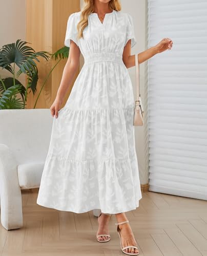 Image of Women's Maxi Dresses Boho Burnout V Neck Short Puff Sleeve Smocked Empire Waist Long Wedding Guest Semi Formal Dress Pockets