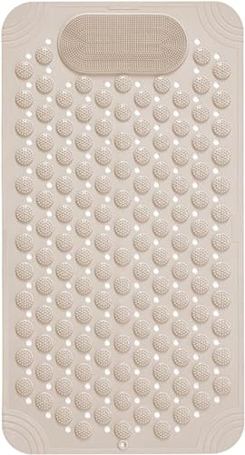 Image of VHKD PVC Bathroom Door Bath mat Anti Slip Skid with Foot Scrubber for Room Shower Suction Cups Drain Holes Silicone Floor mat Rectangle (Beige) 70x35cm