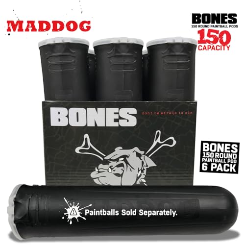 Maddog 150 Round Bones Paintball Pods | Durable Quick Reload Tubes for Tournament and Recreational Speedball Woodsball | 6 Pack - Black