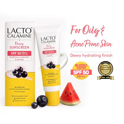 Image of Lacto Calamine Dewy Glow Lightweight Sunscreen SPF 50 PFA +++ UVA & UVB Protection-Oily Skin | Acai Berries, Niacinamide & Watermelon | Dermatologically Tested | 50g each - Pack of 2