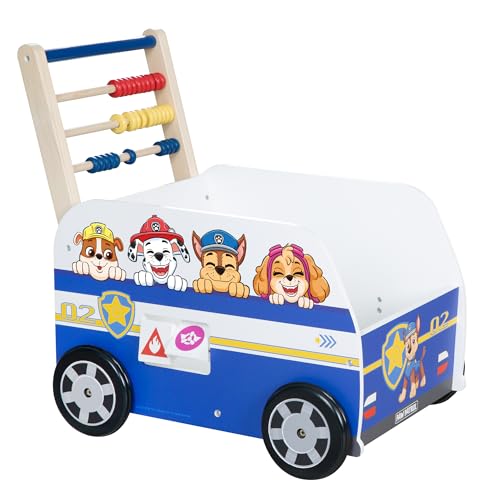 roba Paw Patrol Andador de Bebé de Madera con Juguetes de Estimulación - Carrito de Paseo con Velocidad Ajustable - Altura del Mango 54 cm - Diseño de Perros - Azul/Blanco