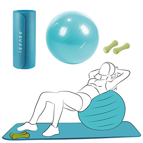 ISSAGE -Pack Fitness - Esterilla Colchoneta Fitness, Pelota de Ejercicios para Yoga y Fitness, Pesas Fitness de 1KG (Dos Unidades) Color Azul Cover