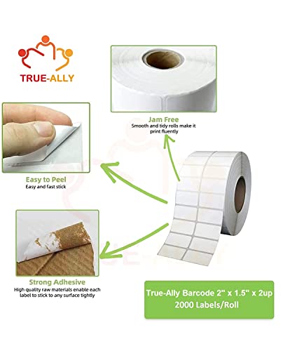 Image of True-Ally 50x38 Direct Thermal Barcode Label Sticker - 2 x 1.5 inch - 50mm x 38mm - 2 Ups - 2000 Labels Per Roll - White Self Adhesive Sticker for Printing Barcoding (3 Roll Per Pack (6000 Labels))
