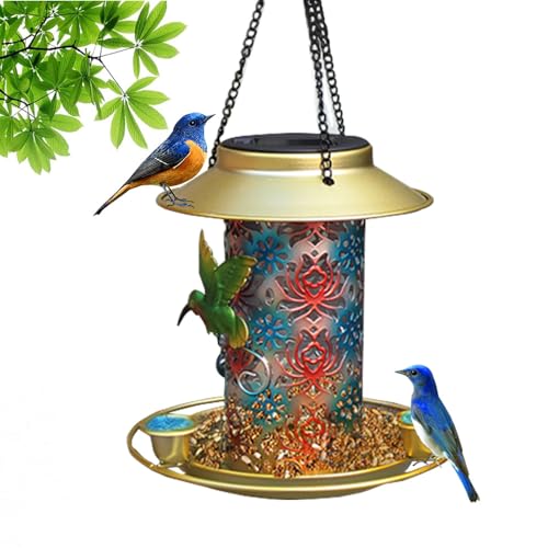 Bird Feeders Outdoors Hanging, Solar Bird Seed Feeder Squirrel Proof with LED Light, Metal Wild Bird Feeder with 3 Water Feeder Cup for Yard Decor, Hanging Bird Feeder Gardening Gifts (Colorful)