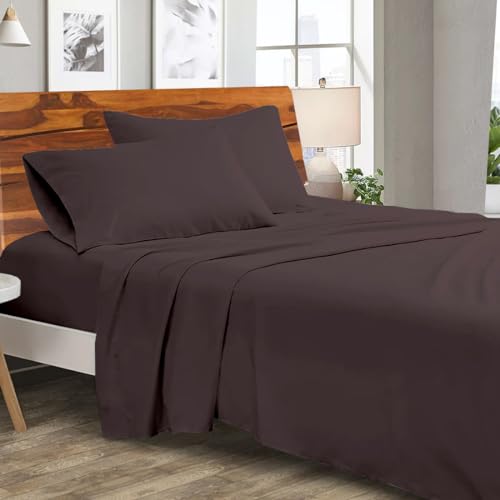 Image of Bedsheet for Double Bed - Luxurious Microfiber Solid Bed Sheets - Flat Sheet Includes Pillowcases - Chocolate Double, 1800 TC