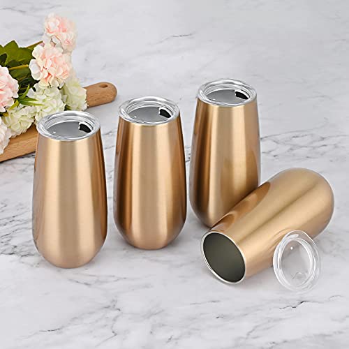 4 Pack Stemless Champagne Tumbler, Champagne Insulated Tumblers, Double Insulated Champagne Glass 6 Oz Reusable Champagne Toasting Glasses With Lid, Stemless Champagne Flute Wine Tumbler (Gold) #TOP1