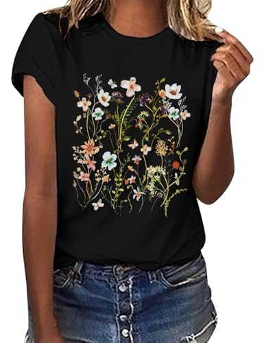 TOMEEK Tee Shirt Femme Coton Col Rond Femme Tshirts Manche Courte Impression de T-Shirt Décontractés Mode Noir Top Confortables,Fleurs,XL