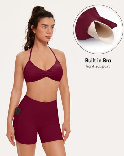 Image of OMKAGI Halter Sports Bras for Women Padded Strappy Bra Open Back Workout Gym Crop