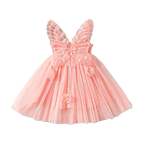 Toddler Baby Girls Butterfly Dress Sleeveless Wings Flower Tulle Tutu Princess Summer Birthday Party Dresses Baby Pinkish Orange 2-3 Years