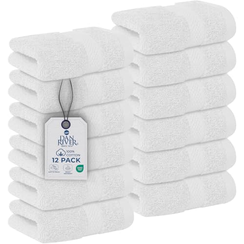 Image of DAN RIVER 12-Pack Premium 100% Cotton White Face Towels for Bathroom - Reusable Face Wash Cloths for Showering 12 X 12 Inches - 550 GSM Super Soft & Absorbent Luxury WashCloths for Body, Spa & Gym