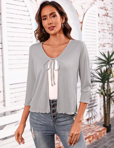 Image of Aiboria Women's Tie Front Shrug 3 /4 Sleeve Ribbed Bolero Lightweight Cropped Cardigan S-XXL