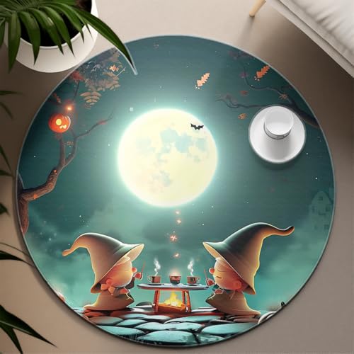ハロウィーンの装飾 100cm 丸い敷物満月の魔女のカボチャのコウモリパターンの低パイルフロアマット子供部屋プレイルームダイニングエリア用のソフトウォッシャブル