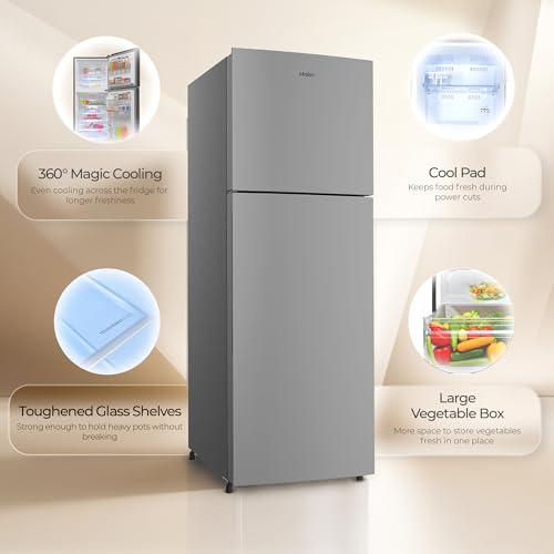 Image of Haier 240 L 1 Star Frost Free Double Door Refrigerator with Cool Pad for Extended Freezer Cooling & Spacious Fresh Zone (HEF-251EGSA-P, Moon Silver, 2026 Model)