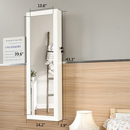 KEDLAN 6 LEDs Mirror Jewelry Cabinet, 43.3" H Lockable Wall/Door Mounted Jewelry Armoire Organizer with Mirror, 2 Drawers, White JC600 - Image 5