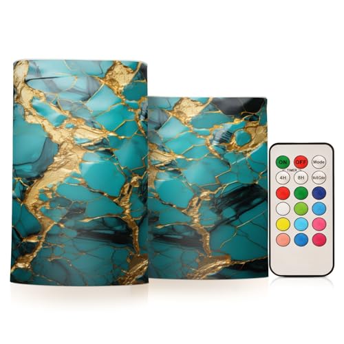 Image of Flickering Flameless Candles, Turquoise Golden Marble LED Candles with Remote Timer, Set of 2 Battery Operated Candle for Valentine Wedding Birthday