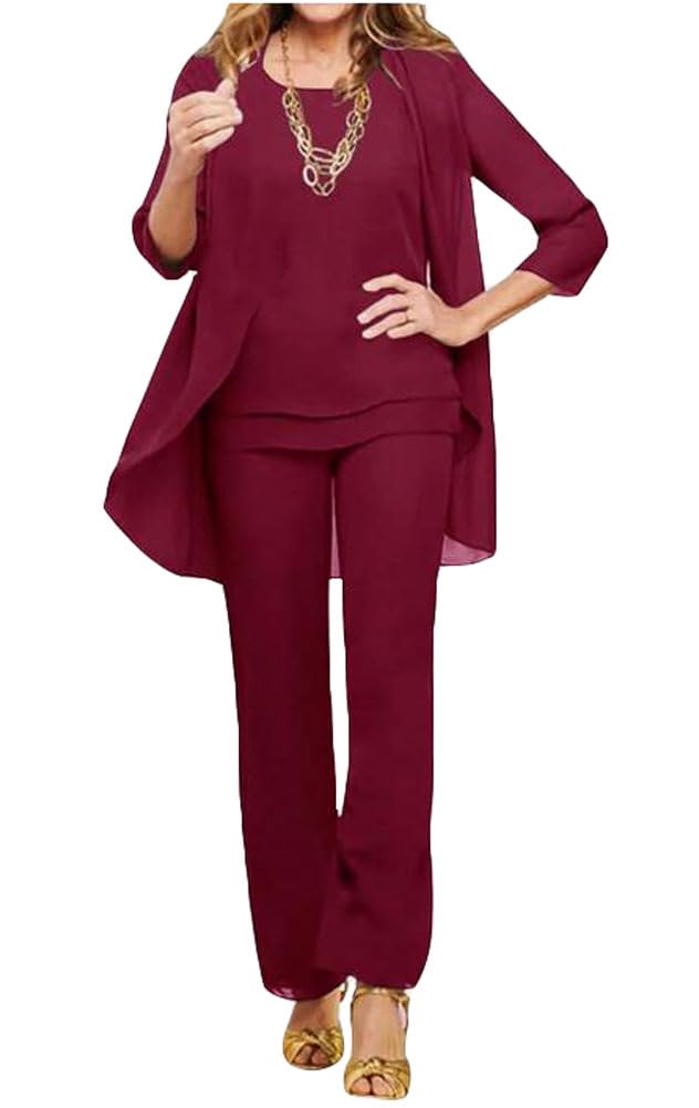 Botong Women's Burgundy 3 Pc Chiffon Mother Of The Bride Pants Suits Wedding Guest Outfit Formal Evening Dress Wedding Party Outfit Uk20