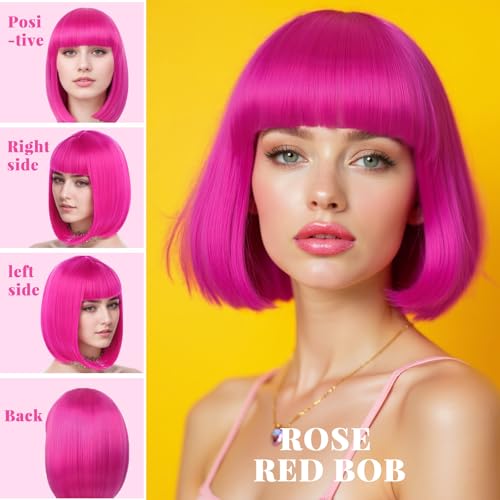 Image of LIULIUBTY Short Bob Hair Wigs Straight with Flat Bangs Synthetic Colorful Cosplay Daily Party Neon Wig for Women with Wig Cap 12 inch Natural As Real (Hot Pink B)