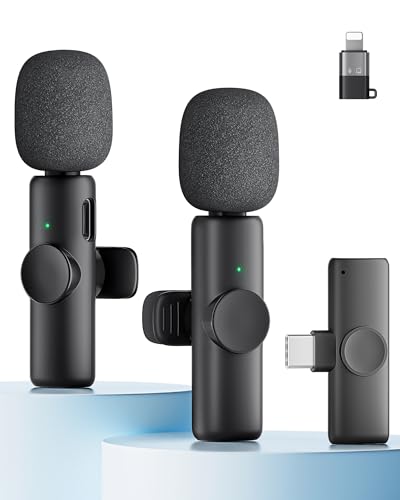 Wireless Microphone for iPhone iPad and Android Phone, 2 Pack Wireless Lavalier Lapel Mic with Noise Reduction, Plug and Play Mini Microphone for Video Recording Interview Podcast YouTube TikTok Vlog