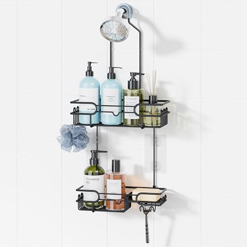 HapiRm Hanging Shower Caddy Organizer – Bathroom Organizer with 12 Hooks and Soap Holder, Rustproof Shower Shelf over Shower Head – Black