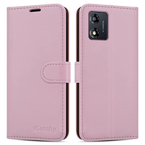 iCatchy for Motorola Moto E13 Case Leather Wallet Book Flip Folio Stand View Cover with Card Slots and Kickstand for Motorola Moto E13 Phone Cover (Rose Gold)