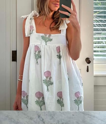Image of Women Tie Shoulder Mini Dress Floral Ruffle Babydoll Dress Boho Square Neck Sundress Cute Summer Dresses