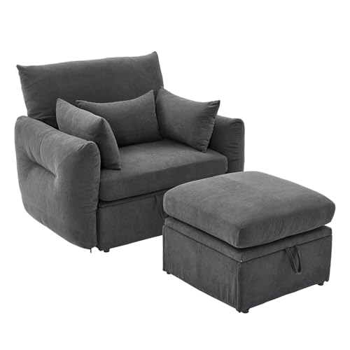 Sillón Gris con Reposapies, Sillon Relax con 3 Cojines Extraíbles, Butaca Orejera Almacenamiento, Sillón Sofá Butaca Individual Madera Maciza, Sillon para Salón, Sillon Dormitorio, hasta 300 Libras