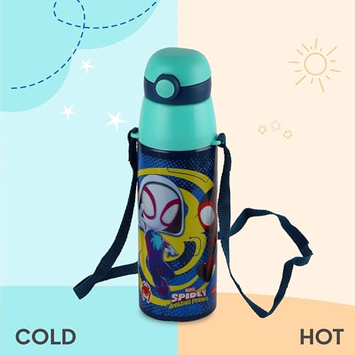 Image of CELLO Kidzbee Series Orb 600 Inner Steel Insulated Water Bottle, 500ml, Navy Blue | 3D Touch & Feel Web Warriors Design | Leakproof Flip Top Spout, Easy to Carry | Cold Water Bottle for Kids School