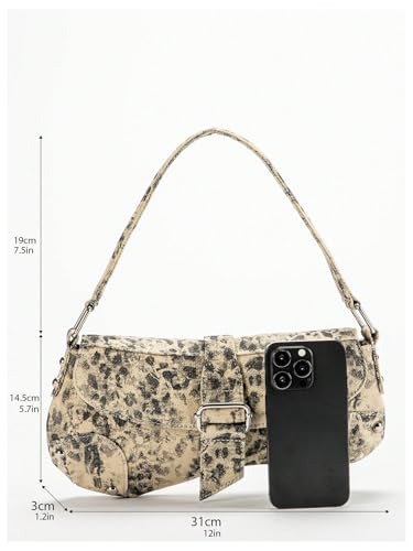 Image of QWINEE Women's Y2K Leopard Print Shoulder Bag Denim Handbags Retro Cheetah Purses Top Handle Buckle Clutch Underarm Bag