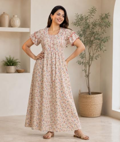 Image of Women's Pure Cotton Floral Maxi Nighty, Frock Style Short Sleeve Full Length Night Gown with Adjustable Belt, Comfortable Sleepwear, Pack of 2