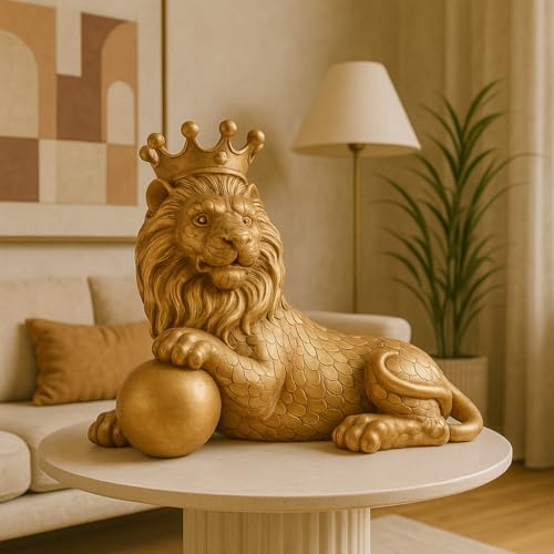 Image of Xtore Regal Gold Lion Figurine with Crown | Royal Decorative Statue | Handcrafted Resin Art | Luxury Home Accent -(Pack of 1, Golden)