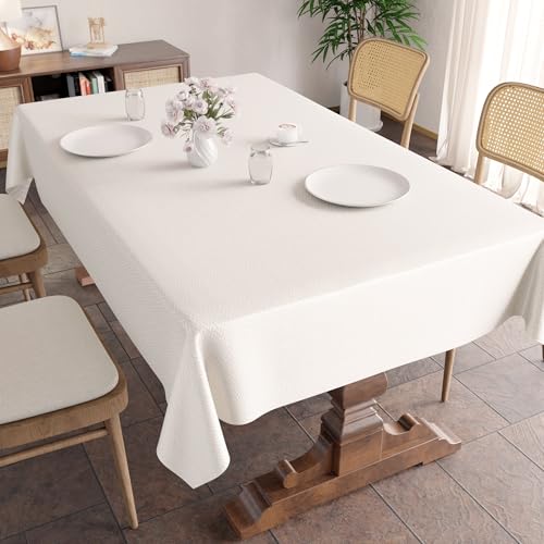 Image of Encasa XO Dining Table Cover Rectangular 142x183 cm | Waterproof Textured Polyester Dining Table Cloth | Machine Washable Tablecloth | ZZ White