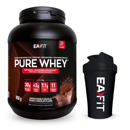 EAFIT - Lot WHEY PROTEIN - Double Chocolat 850g - Protéines Whey + Shaker Noir Opaque avec Mélangeur en Acier
