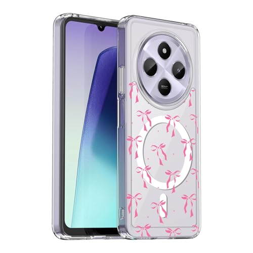 Yojiong für Xiaomi Redmi 14C 4G / Poco C75 Hülle Magnetisch Trendiges Ästhetisches Schleife Muster Transparent Handyhülle [Nie Vergilbung] Hard PC Rückseite Stoßfest Kratzfeste Schutzhülle Rosa