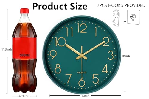 Image of Wall Clock, Silent Wall Clocks Battery Operated 10 Inch- Modern Non Ticking Analog Clock with Large Numerals Tempered Glass Clocks for Bedroom Living Room Kitchen Office Decor, Dark Green
