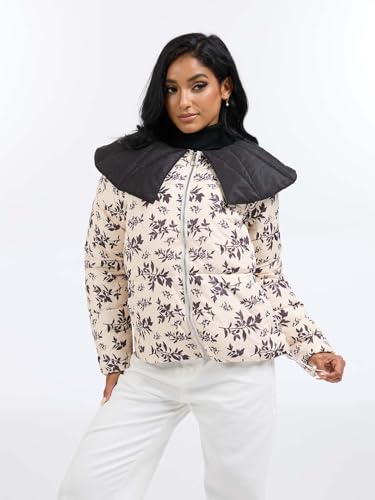 CUFEZN Quilted Puffer Jacket for Women: Beige Floral Print with Peter Pan Collar, Small Size, Cozy and Chic Outerwear - Image 9