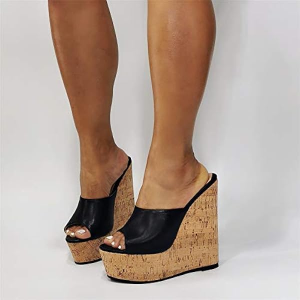 Högklackat 15 cm kil sandaler Svart plattform Stora sandaler, svart-47 Happy house