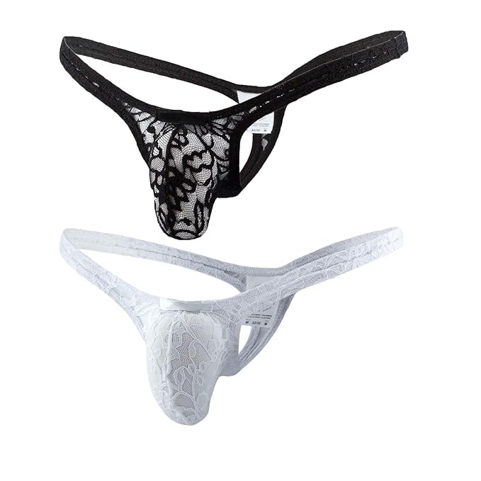 xenza Men's Floral Lace G-String Thong Underwear, 2-Pack, Black and White-picture-14