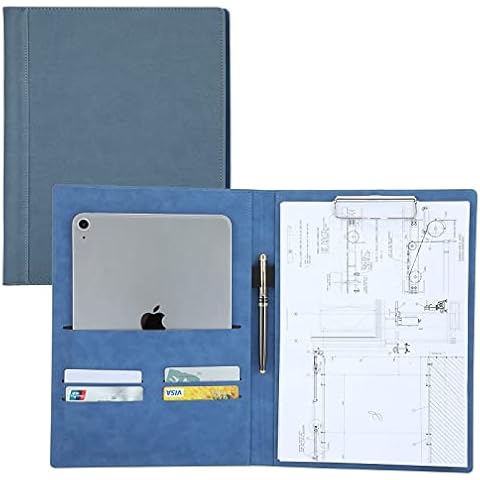 SEEALLDE Clipboard A4 Folder Clipboard Folder Conference for Right Pad, A4 Writing Case Faux Leather Clipboard Foldover Organiser Portfolio Clipboard (Blue) Cover