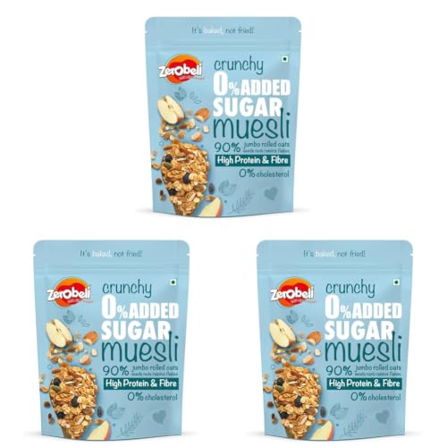 Image of Zerobeli Crunchy 0% Added Sugar Muesli 425g -With 90% Wholegrains, Flax Seeds, Sunflower Seeds and Raisins|Diabetic Friendly and Helps Manage Weight (Pack of 3)