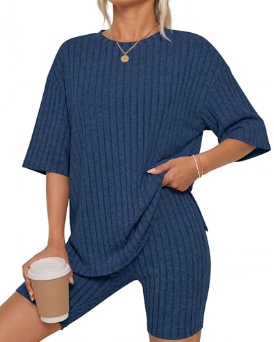 Image of KIRUNDO Short Sets For Women Summer 2 Piece Matching Lounge Sets Casual Rib Knit Tshirts Biker Shorts Beach Vacation Outfits